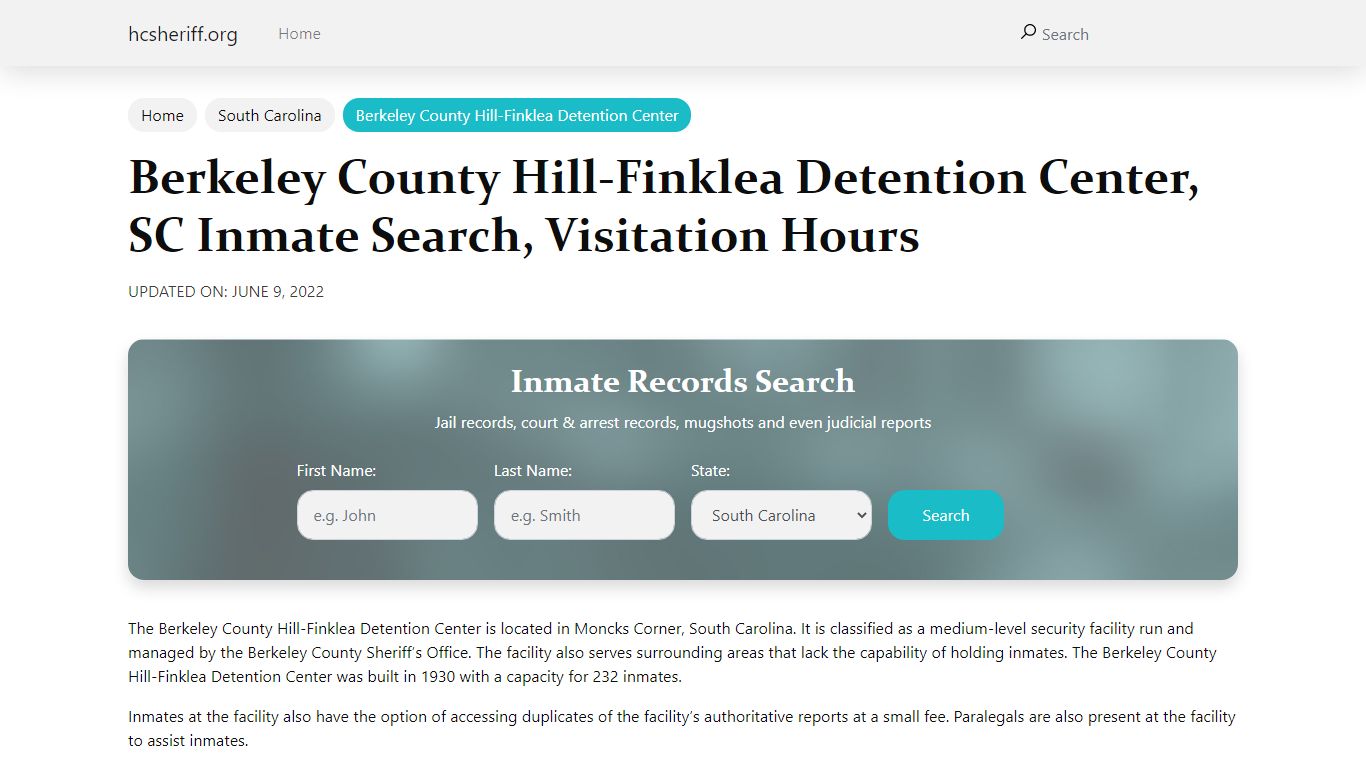 Berkeley County Hill-Finklea Detention Center, SC Inmate ...